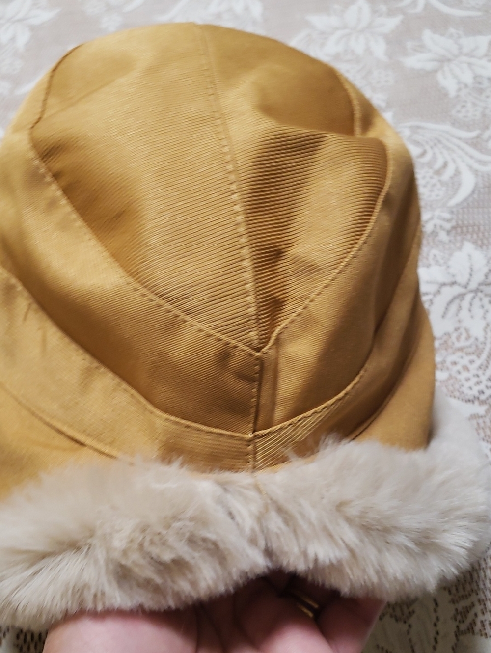 Womens Tan Faux-Fur Trim Winter Hat -